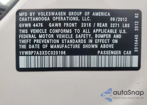 2013 Volkswagen Passat Se z USA, uszkodzony, nr VIN 1VWBP7A3XDC020196